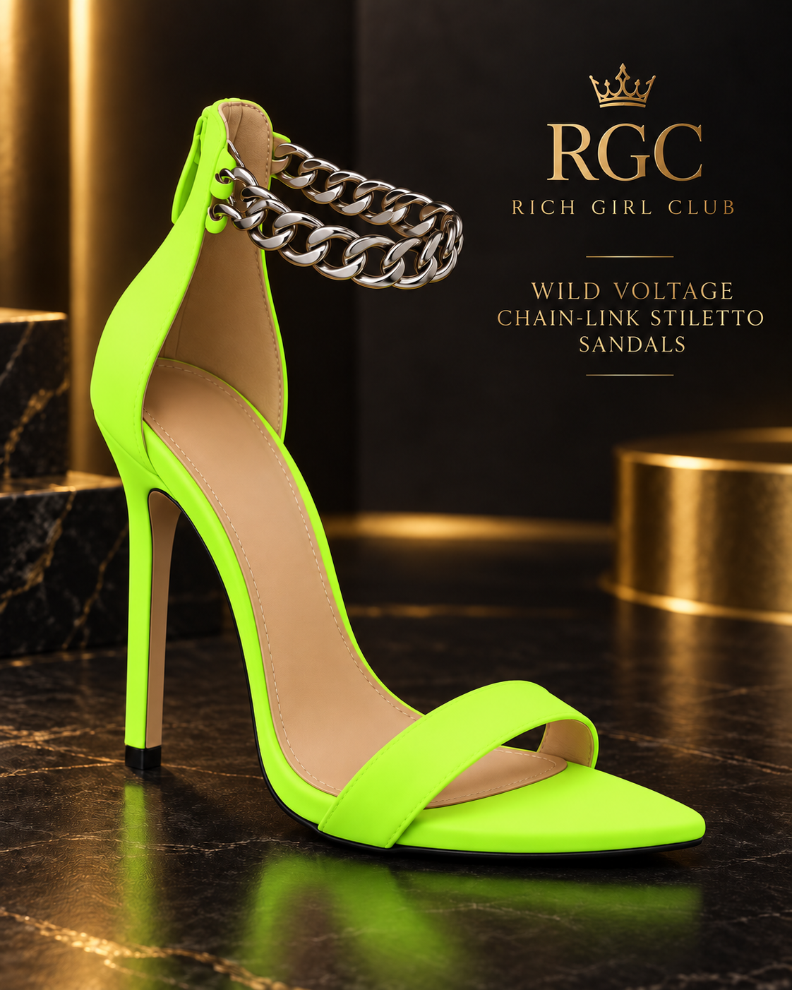 Wild Voltage Chain-Link Stiletto Sandals in electric green with two silver-tone chain rows