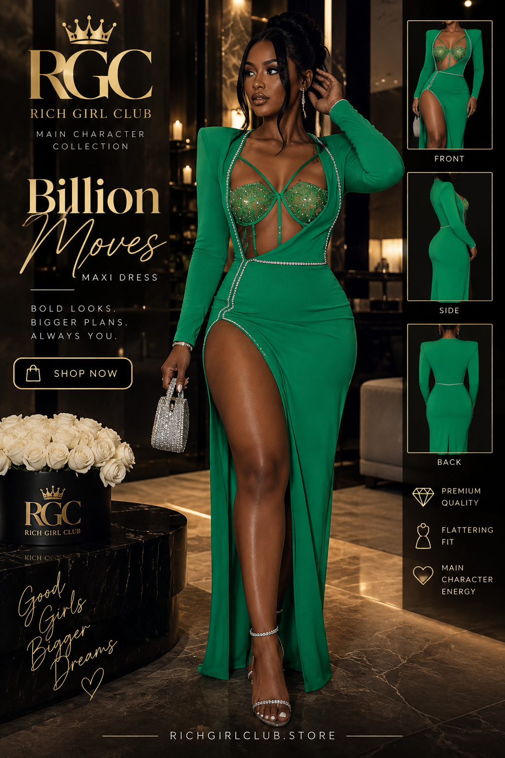 Model wearing the green Billion Moves Maxi Dress with long sleeves, jeweled cutout bodice, high slit, and front, side, and back detail insets.