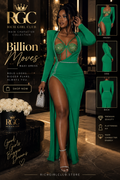 Model wearing the green Billion Moves Maxi Dress with long sleeves, jeweled cutout bodice, high slit, and front, side, and back detail insets.