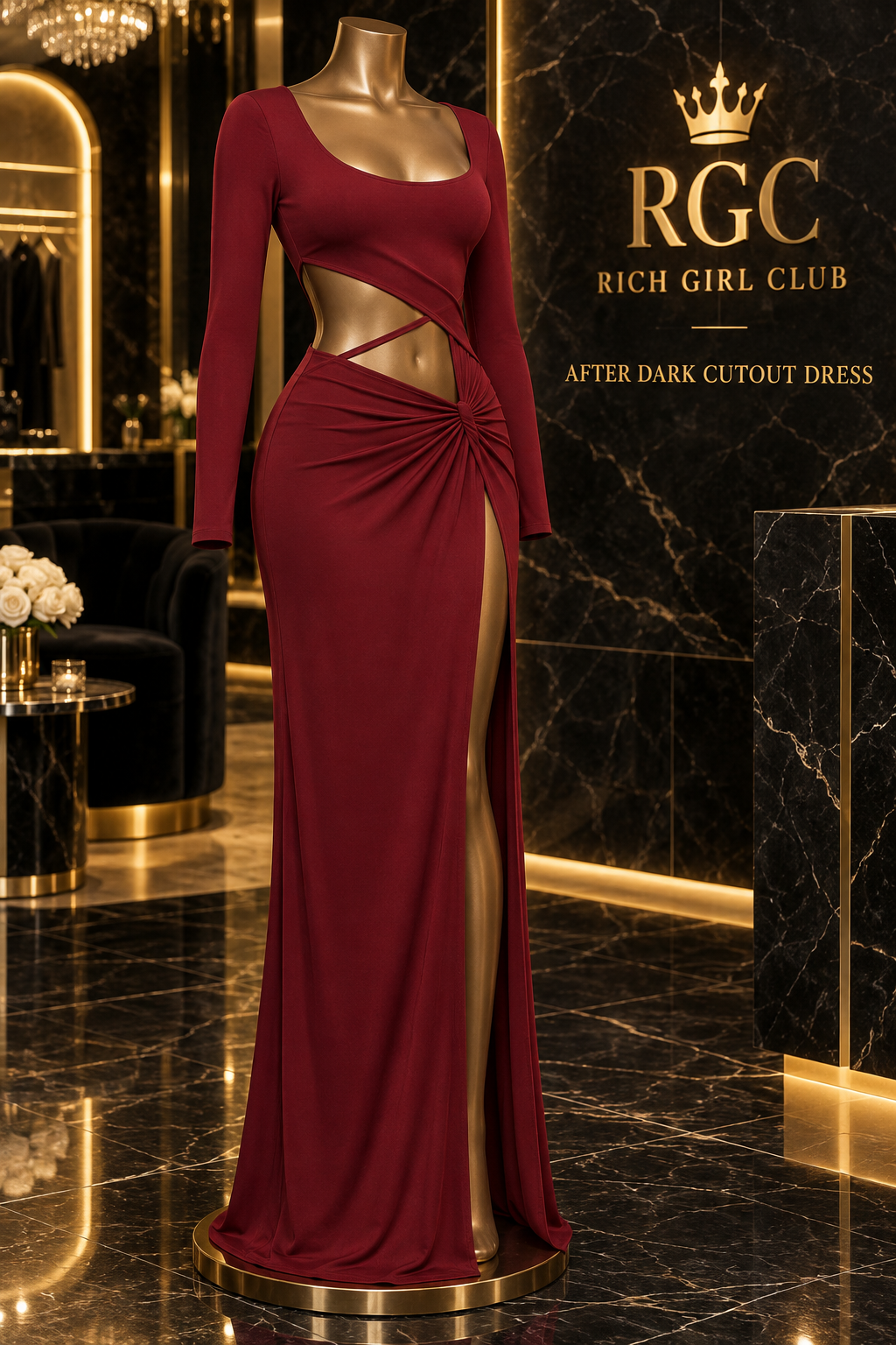 After Dark Cutout Dress in Wine Red on a bronze mannequin in the Rich Girl Club boutique