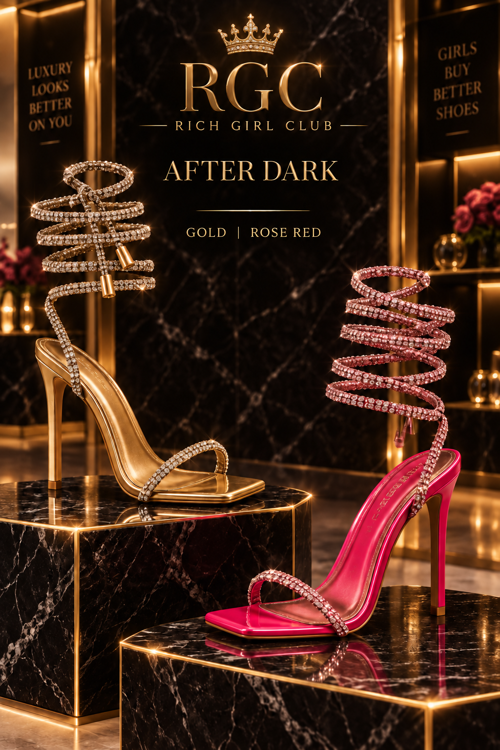 After Dark rhinestone wrap stiletto heels in Gold and Rose Red with RGC branding