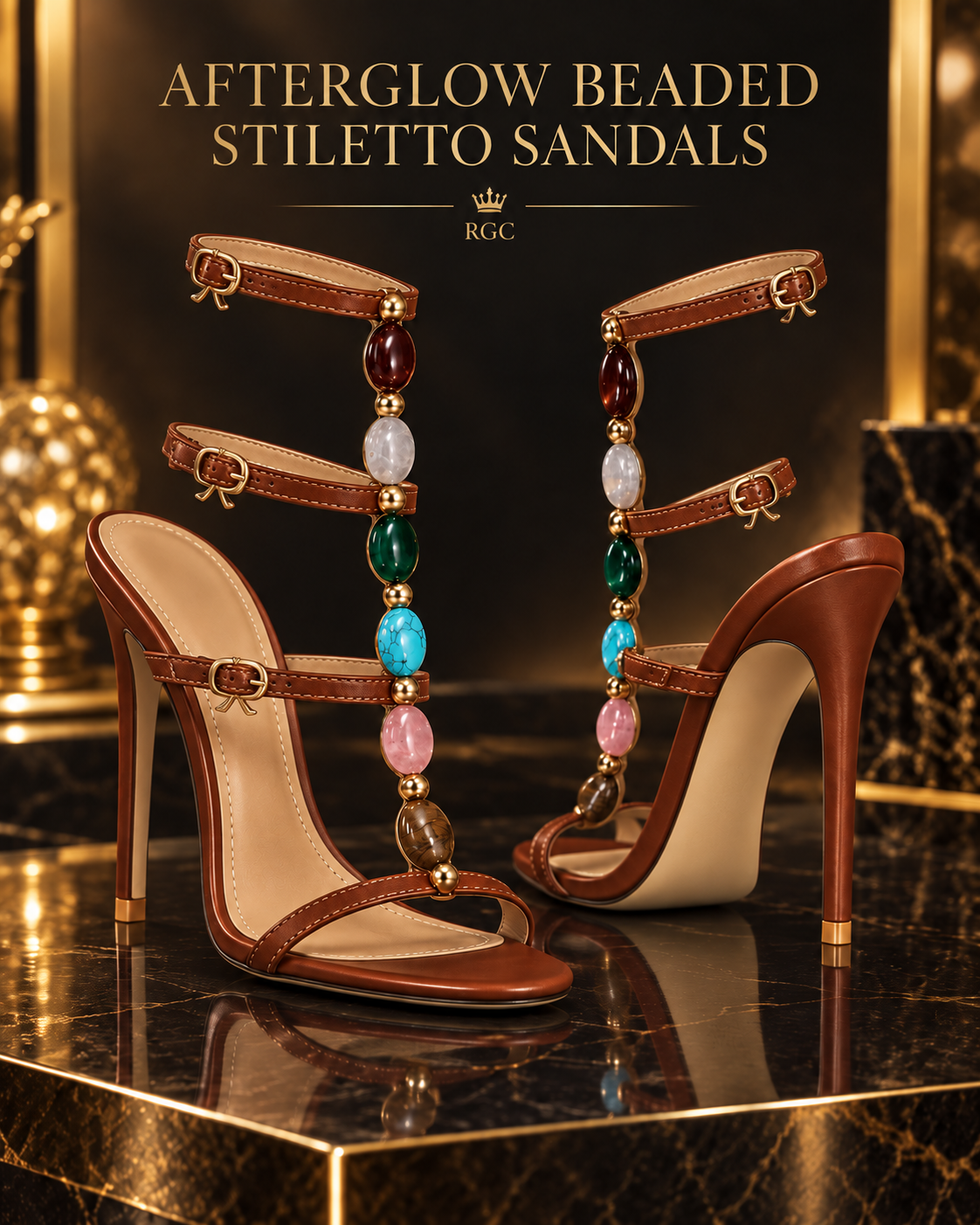 Brown Afterglow beaded open-toe stiletto sandal with three buckled straps