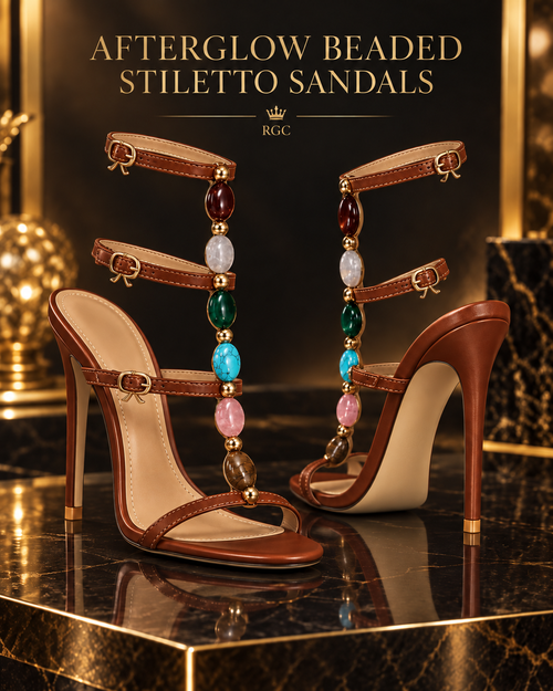 Brown Afterglow beaded open-toe stiletto sandal with three buckled straps