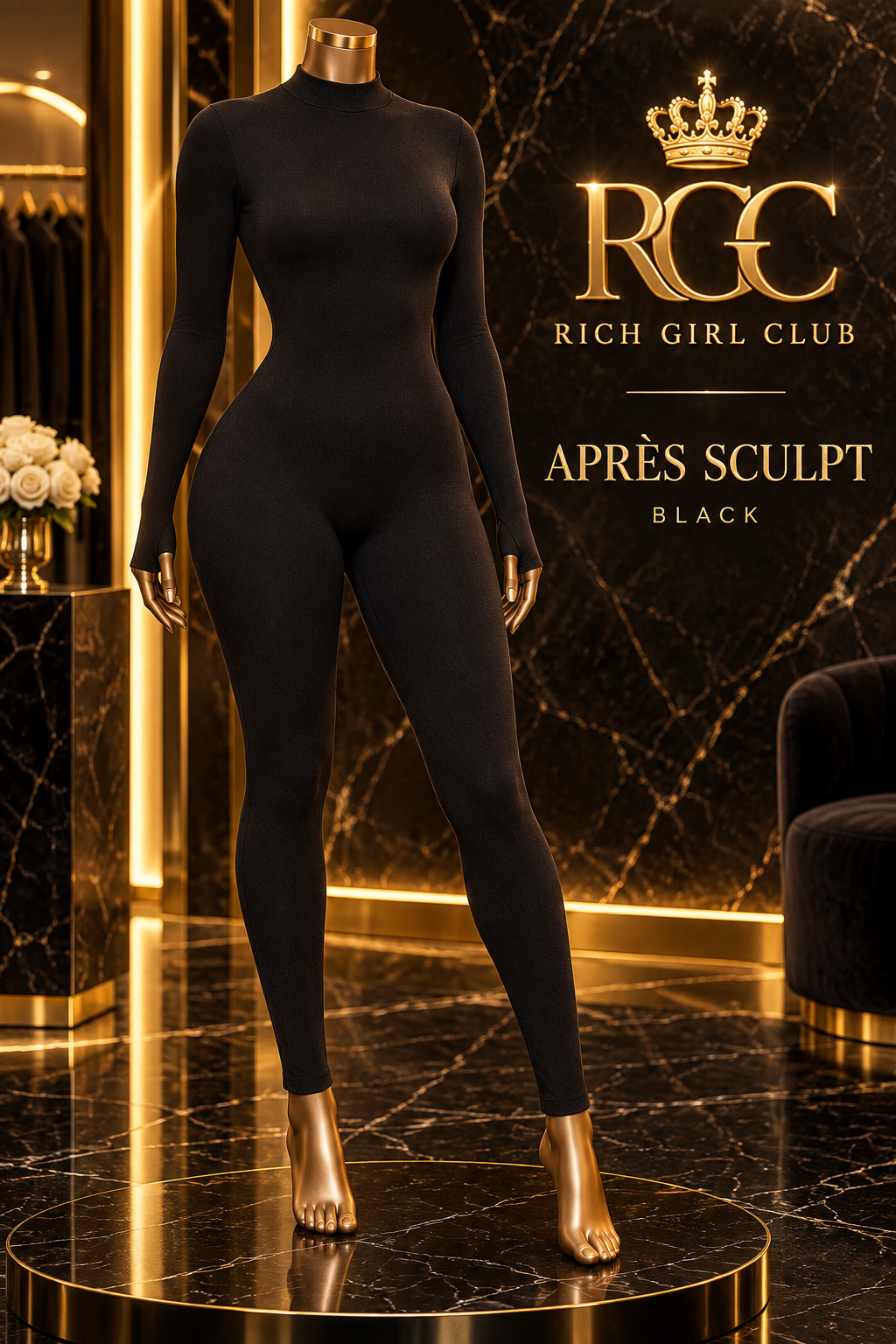 Après Sculpt Black fitted long-sleeve jumpsuit — Rich Girl Club