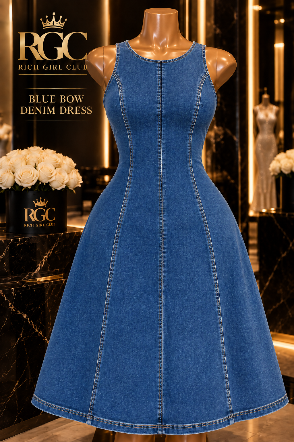 Blue Bow Denim Dress front detail showing neckline, panel seams, waist shaping, and washed denim stitching