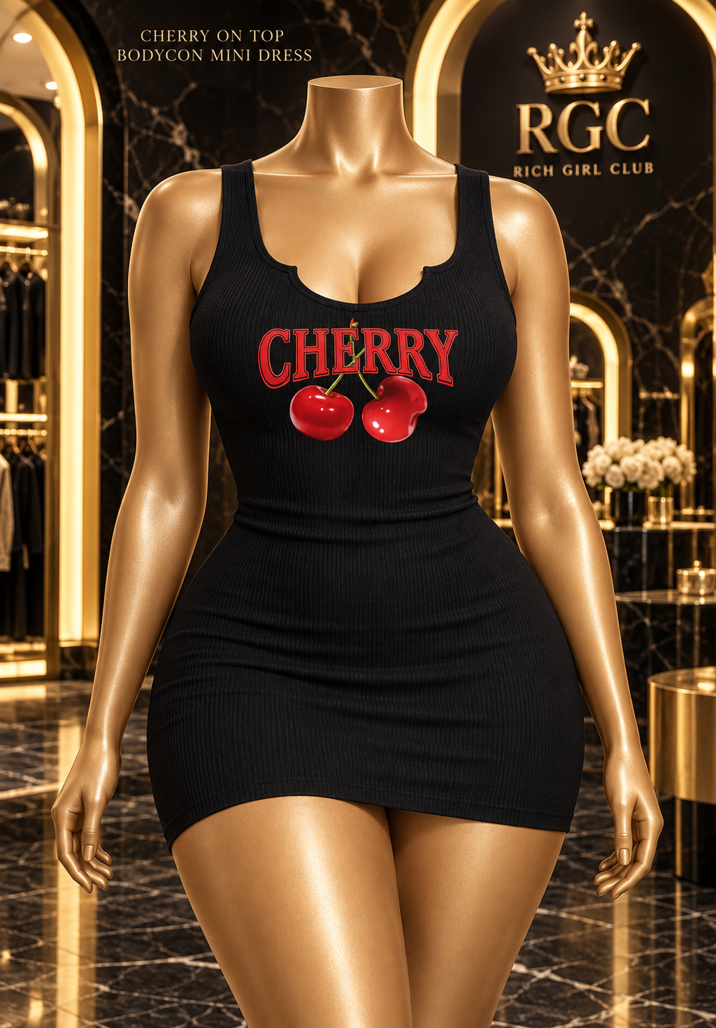 Cherry On Top black rib-knit bodycon mini dress with red CHERRY graphic and two cherries
