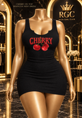 Cherry On Top black rib-knit bodycon mini dress with red CHERRY graphic and two cherries