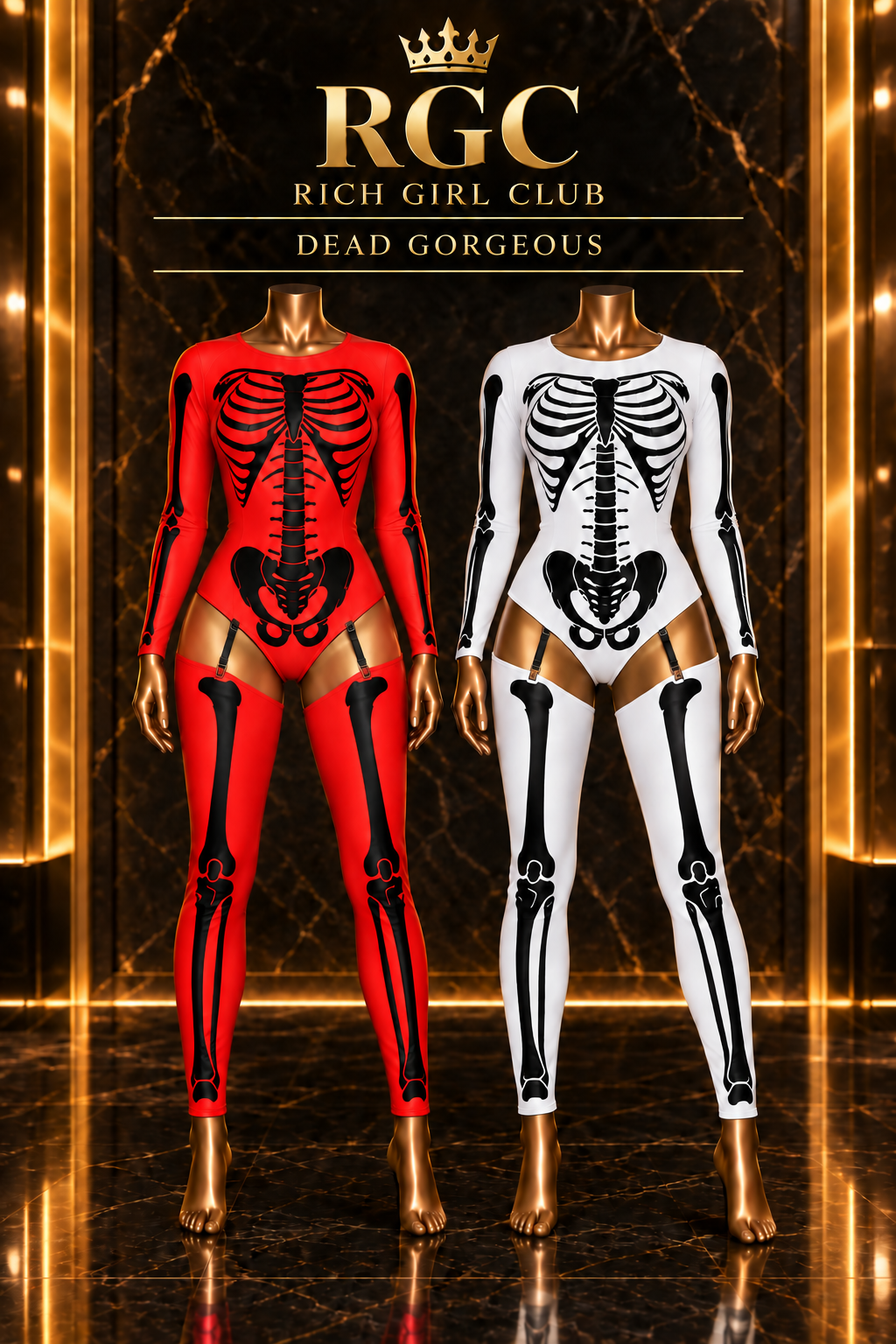 Dead Gorgeous red and white skeleton-print costume colorways on mannequins