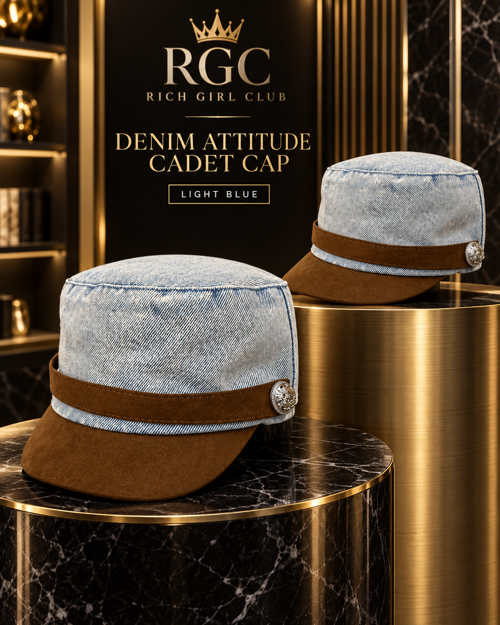 Denim Attitude Cadet Cap in Light Blue with brown band and curved brim