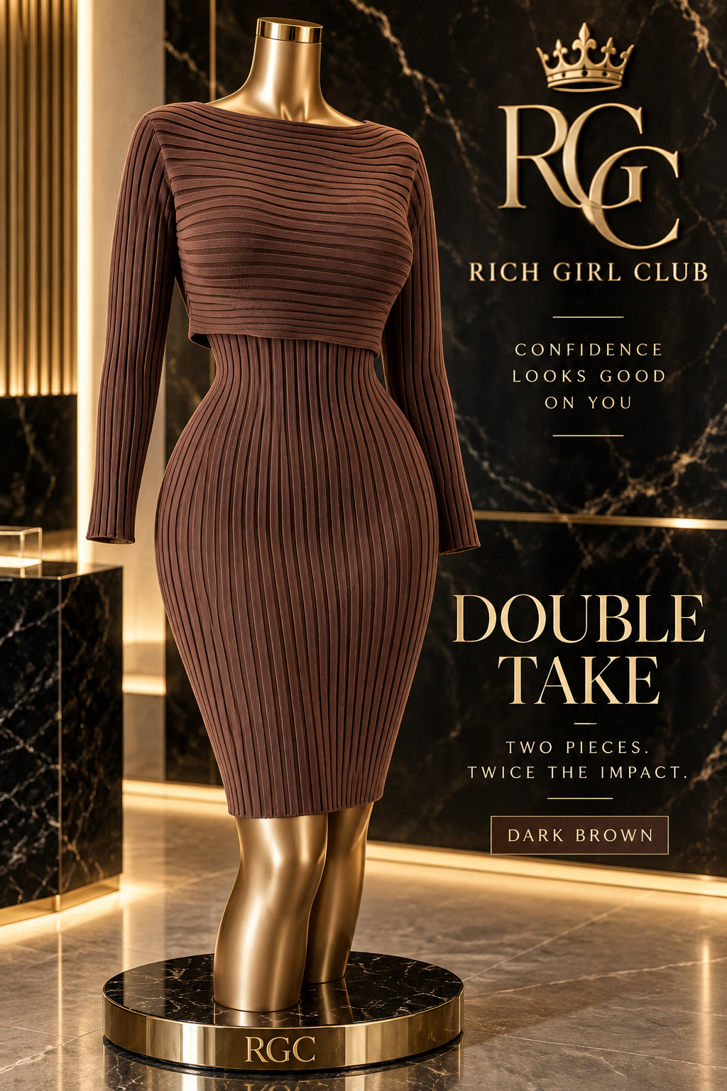 Dark Brown Double Take layered two-piece set by Rich Girl Club on a curvy bronze Viper mannequin.