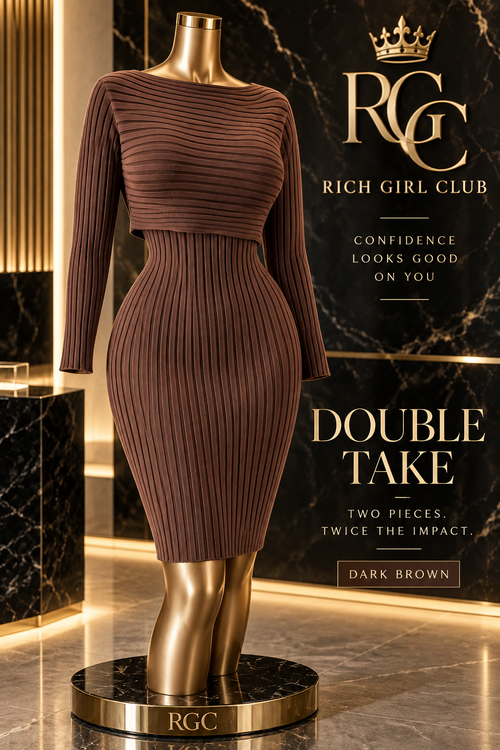 Dark Brown Double Take layered two-piece set by Rich Girl Club on a curvy bronze Viper mannequin.