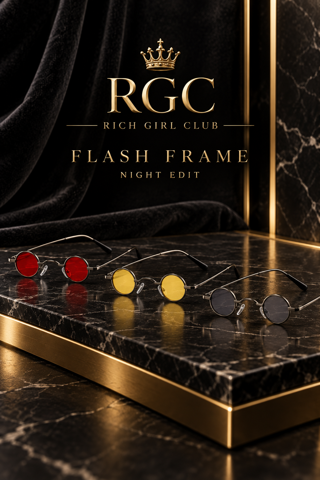 Flash Frame Night Edit featuring Black Red, Black Yellow, and Black Gray sunglasses