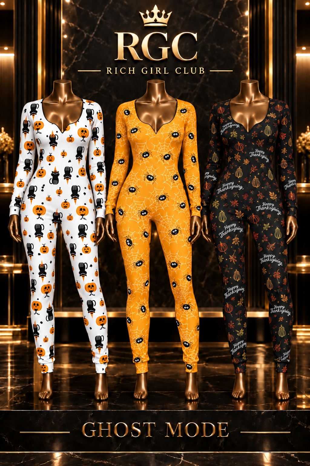 Ghost Mode Halloween jumpsuits in white cat and pumpkin, spider web, and autumn prints on mannequins