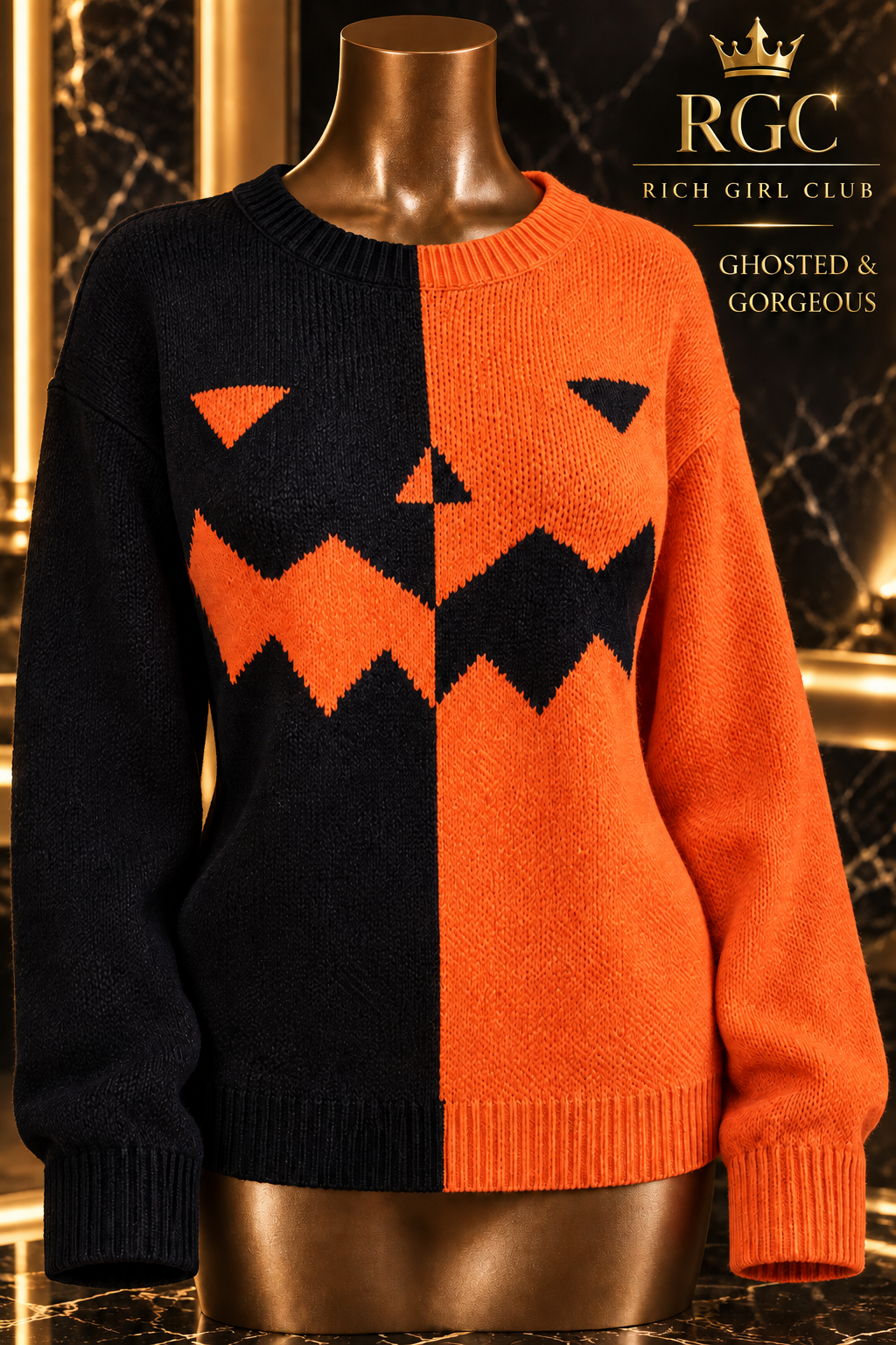 Ghosted & Gorgeous Orange and black sweater front on an RGC mannequin