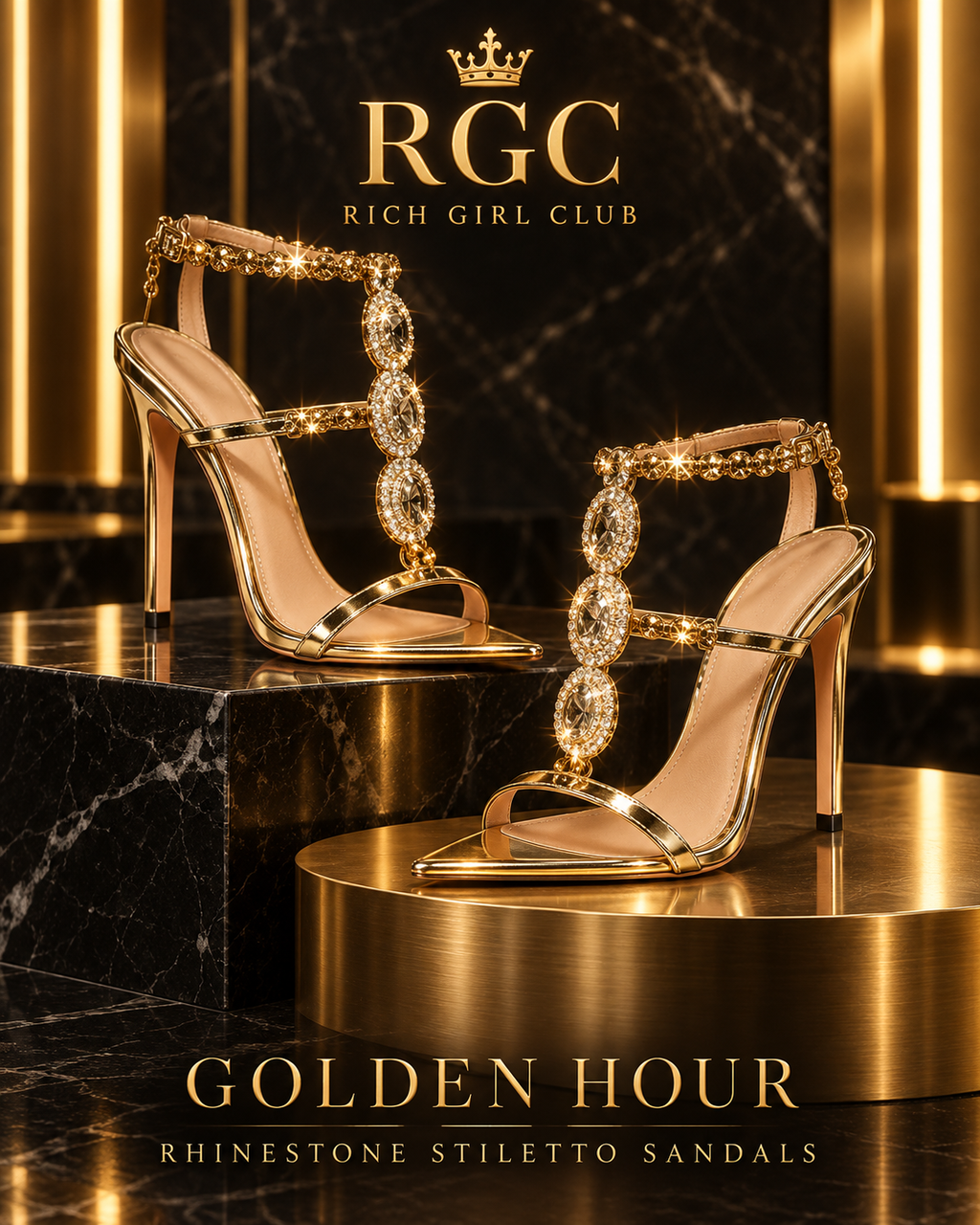 Golden Hour Rhinestone Stiletto Sandals in Gold with three faceted T-strap ornaments
