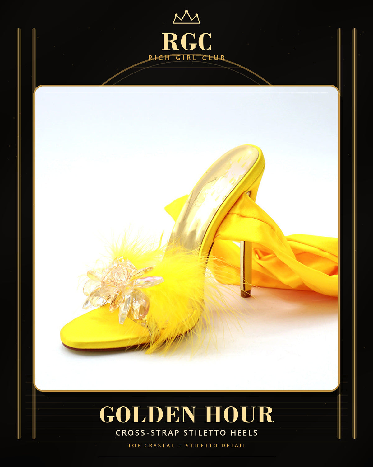 Golden Hour yellow cross-strap stiletto heel detail showing the open toe, crystal-flower ornament, feather trim, gold footbed, wrap ribbon, and slim gold heel