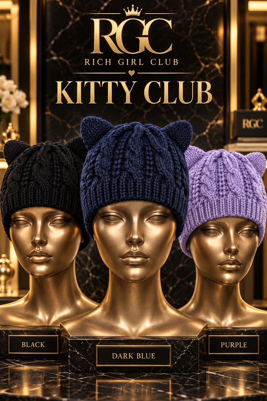 RGC Kitty Club cat-ear knit beanies in black, dark blue, and purple