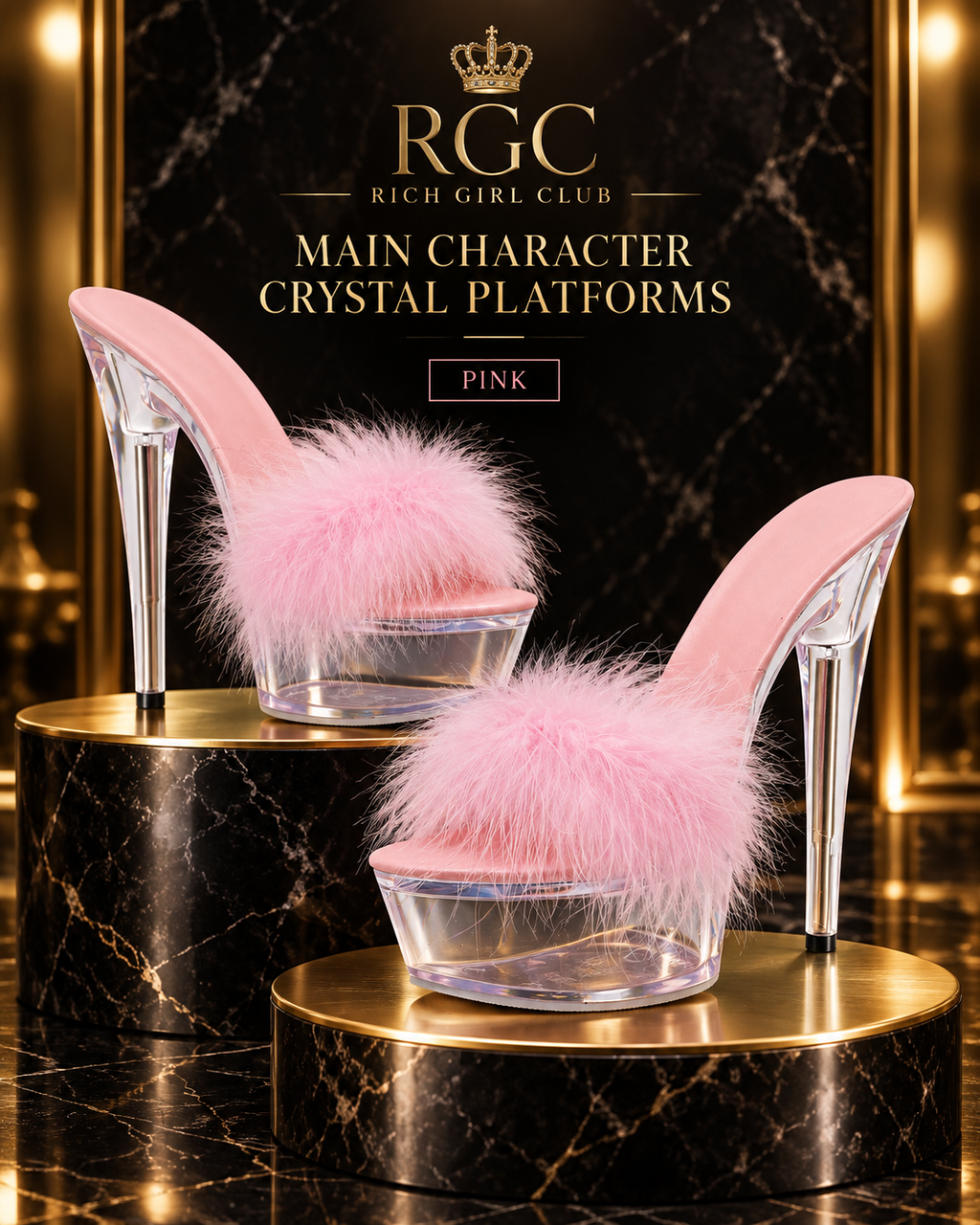 Main Character Crystal Platforms in Pink with feather band and clear platform