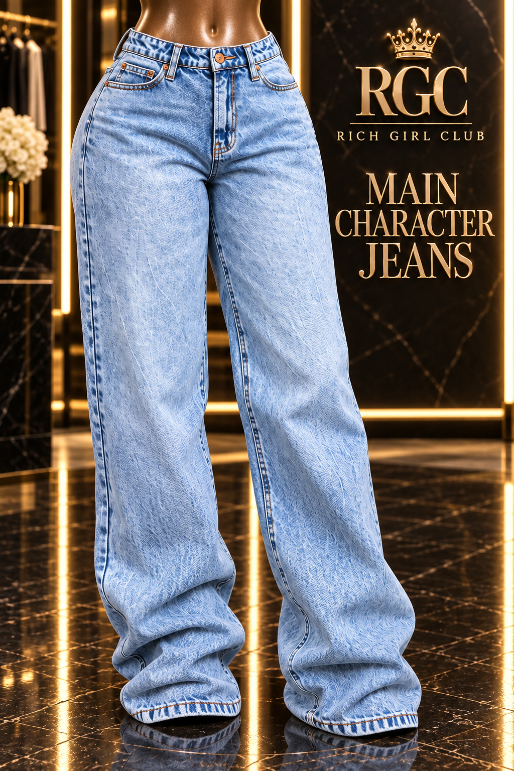 Front view of Light Blue Main Character Jeans with a high-rise waist and full-length loose leg.