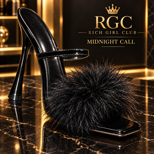 Midnight Call black feather square-toe mule heel close-up by Rich Girl Club