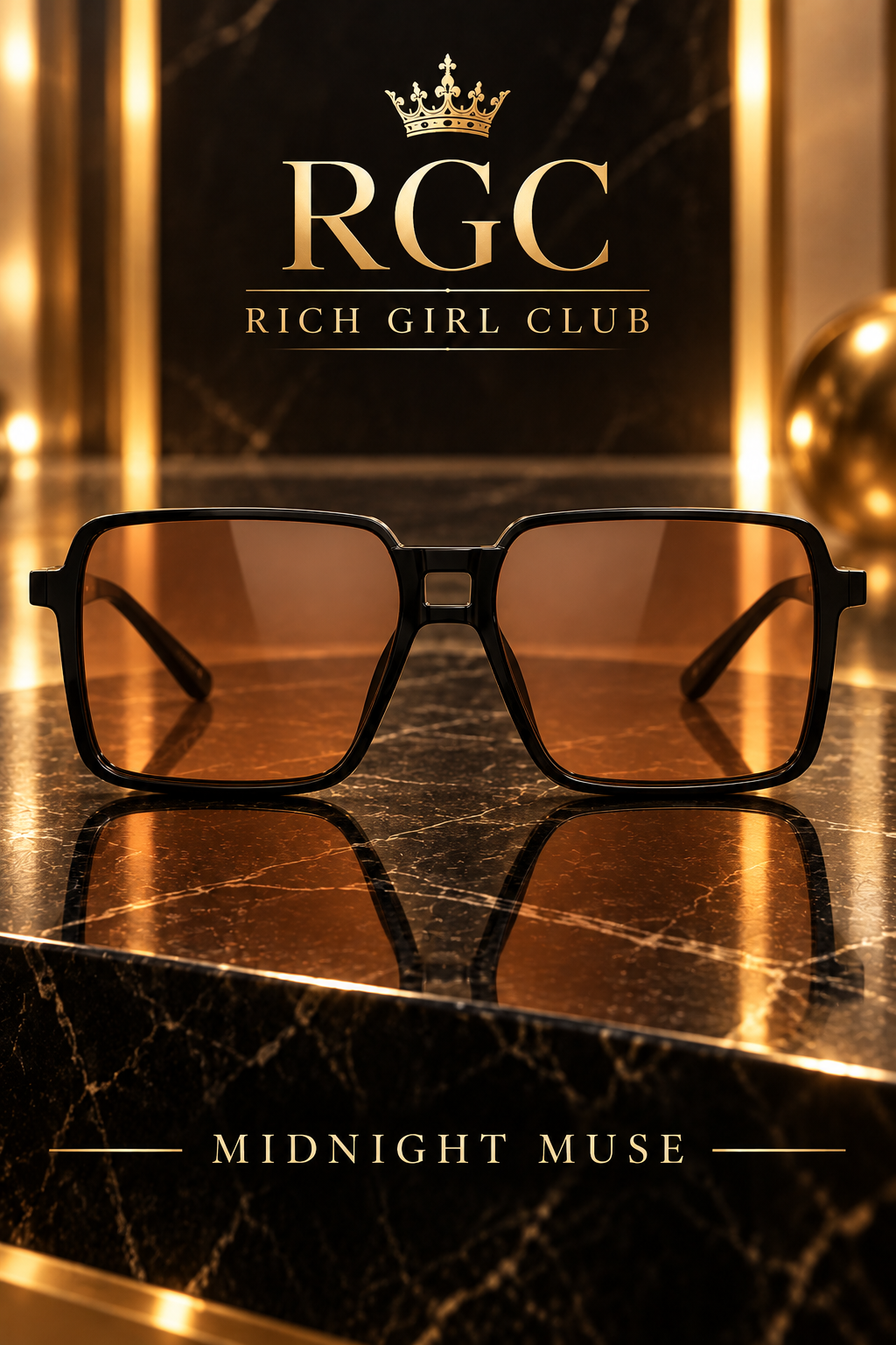 Midnight Muse black square sunglasses shown straight on