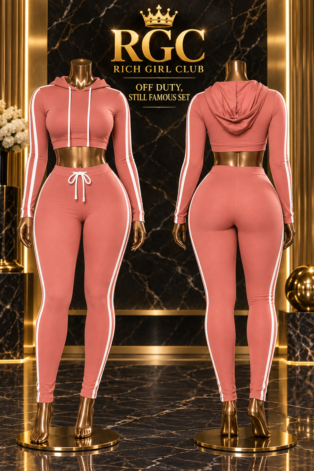 Front and back views of the Pink Off Duty, Still Famous cropped hoodie and fitted trouser set.