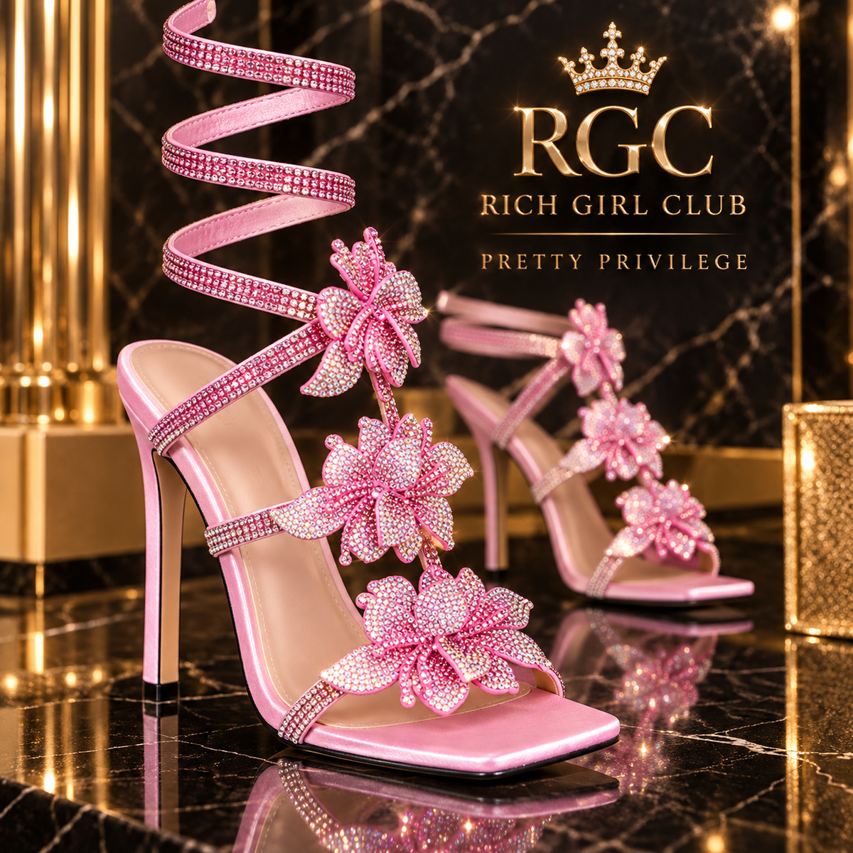 Close-up of a Pretty Privilege pink sandal showing rhinestone straps, three dimensional floral bow accents, winding ankle straps and a slim heel.
