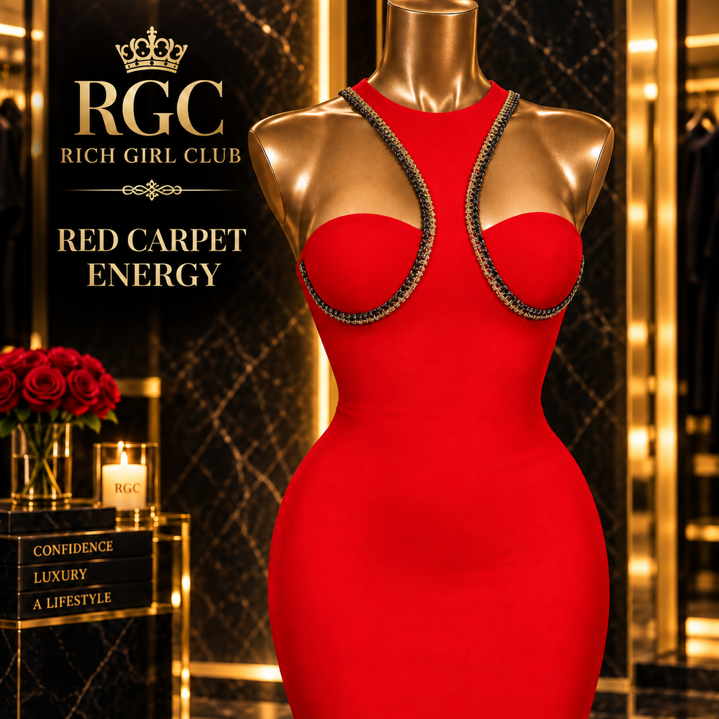 Red Carpet Energy bright red cutout evening gown chain-trim bodice detail with RGC branding