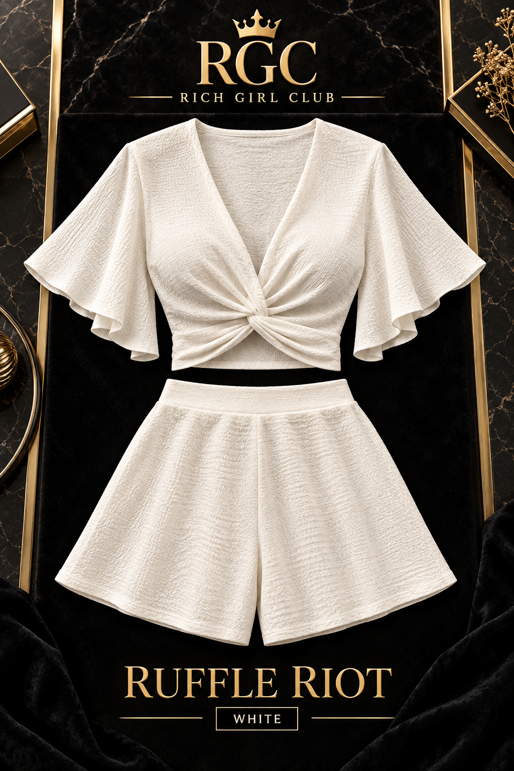 Ruffle Riot White twist-front top and matching shorts front view