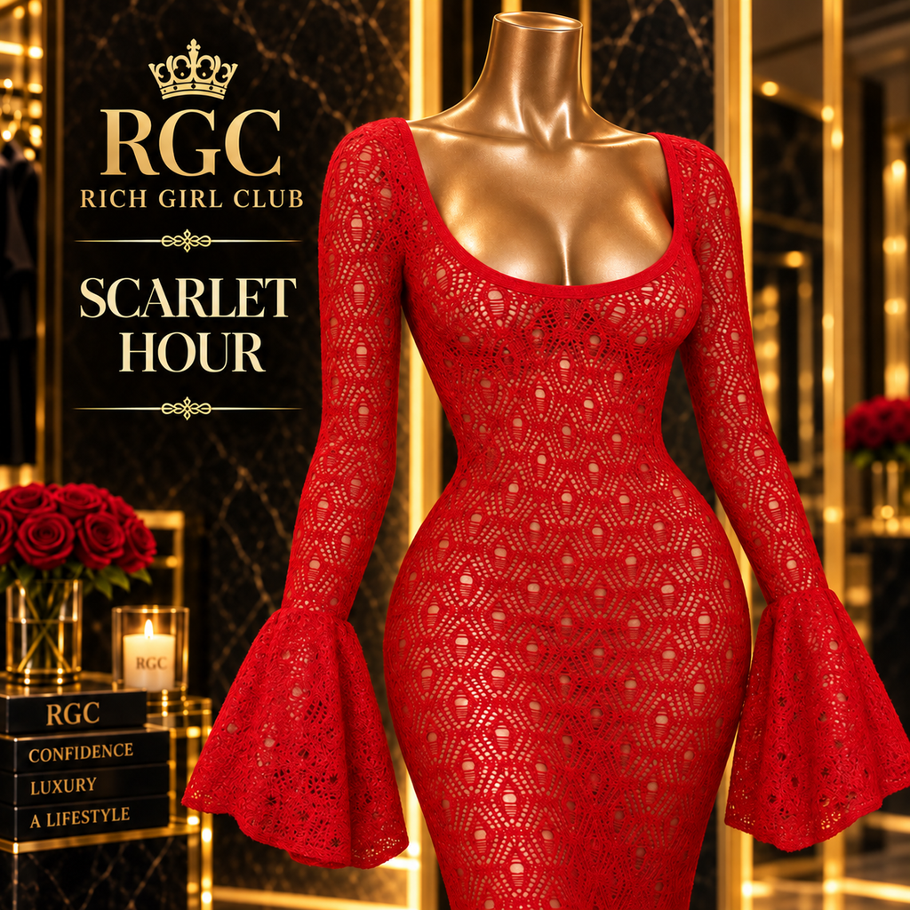 Scarlet Hour red lace midi dress close-up showing the scoop neckline, fitted bodice, and flared cuffs on an RGC mannequin