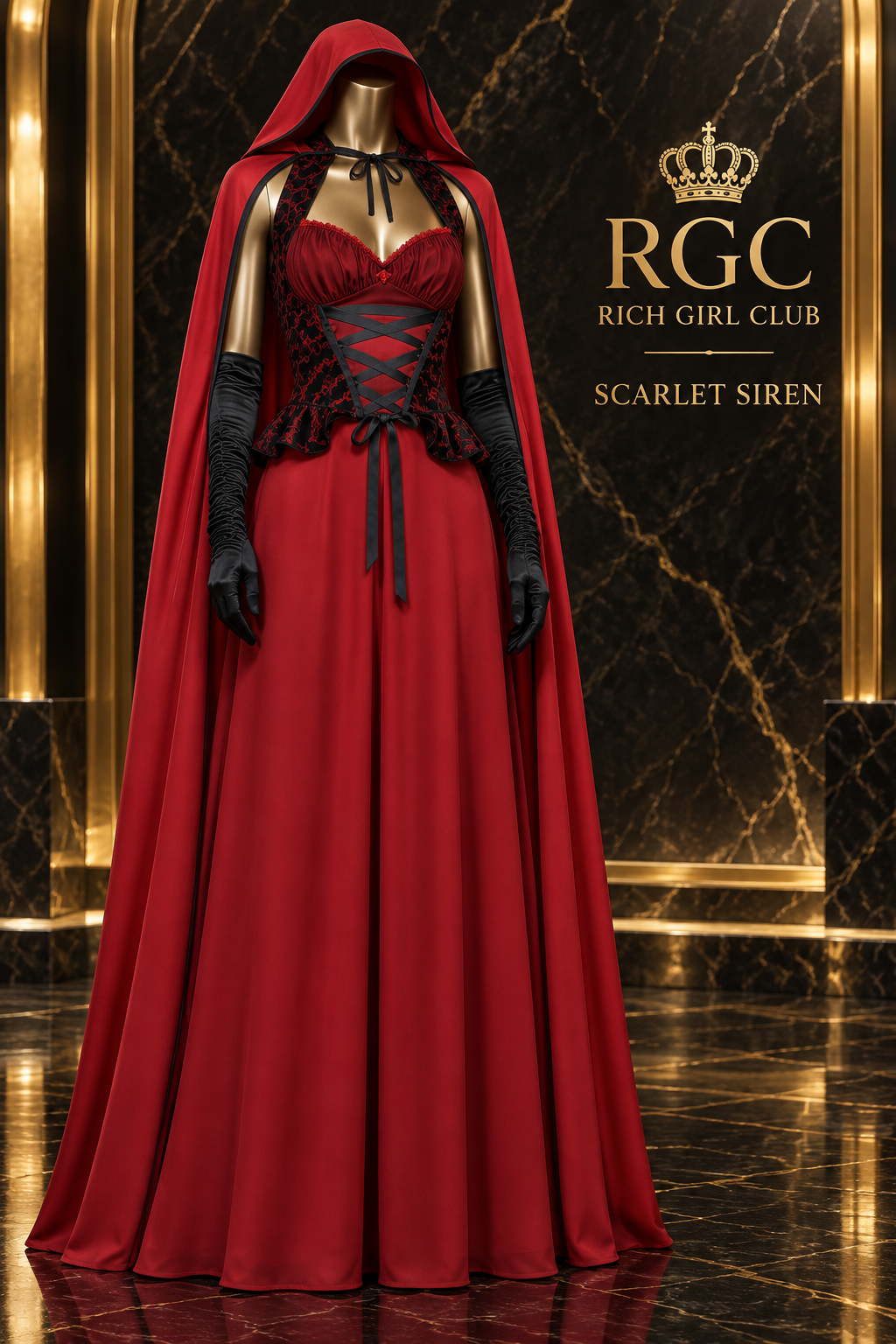 Scarlet Siren red-and-black costume with hooded cape and gloves on a bronze headless mannequin