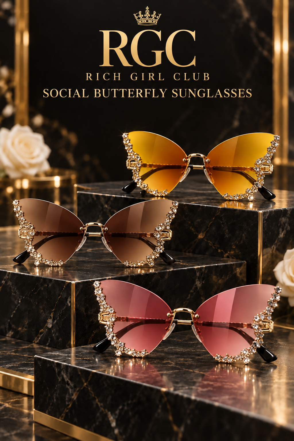 Amber Fade, Tea Gradient, and Rose Gradient Social Butterfly Sunglasses finish selection.