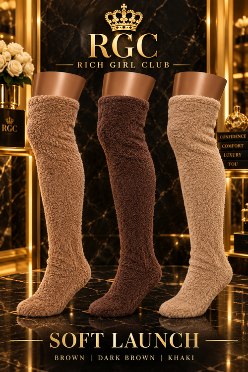 Soft Launch fuzzy over-the-knee socks in Brown, Dark Brown, and Khaki