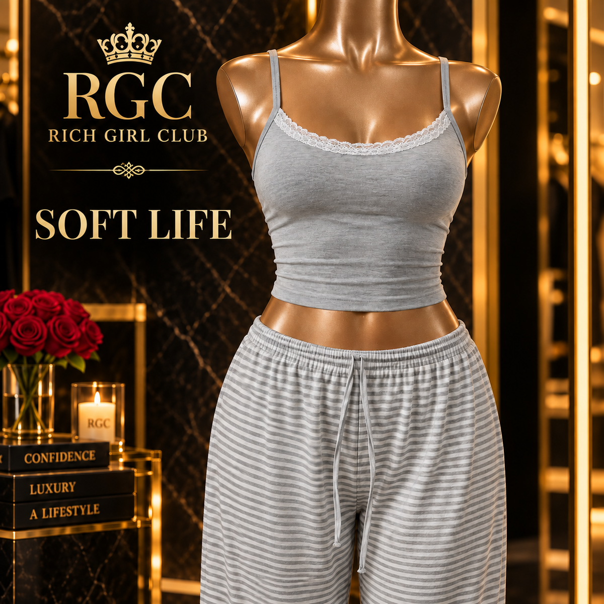 Soft Life gray cropped camisole and striped wide-leg pants — Rich Girl Club detail
