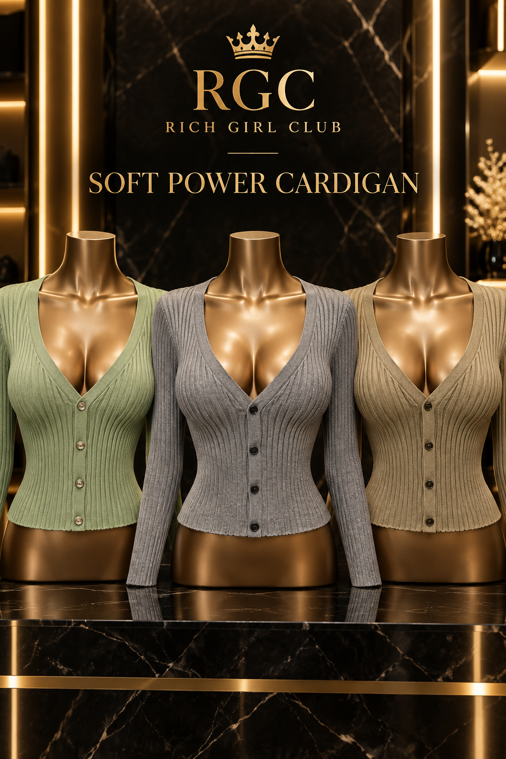 Soft Power Cardigan in green, grey, and khaki on RGC mannequins