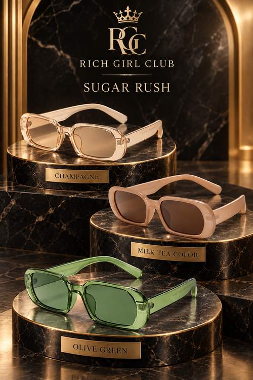 Sugar Rush sunglasses by Rich Girl Club in Champagne, Milk Tea Color, and Olive Green.