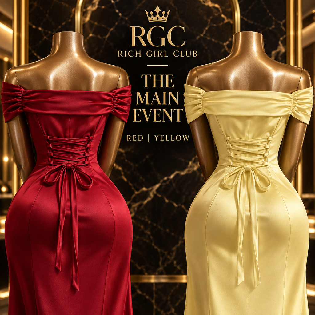 Rear close-up of The Main Event dresses in Red and Yellow showing the folded neckline, lace-up back and matching waist ties.