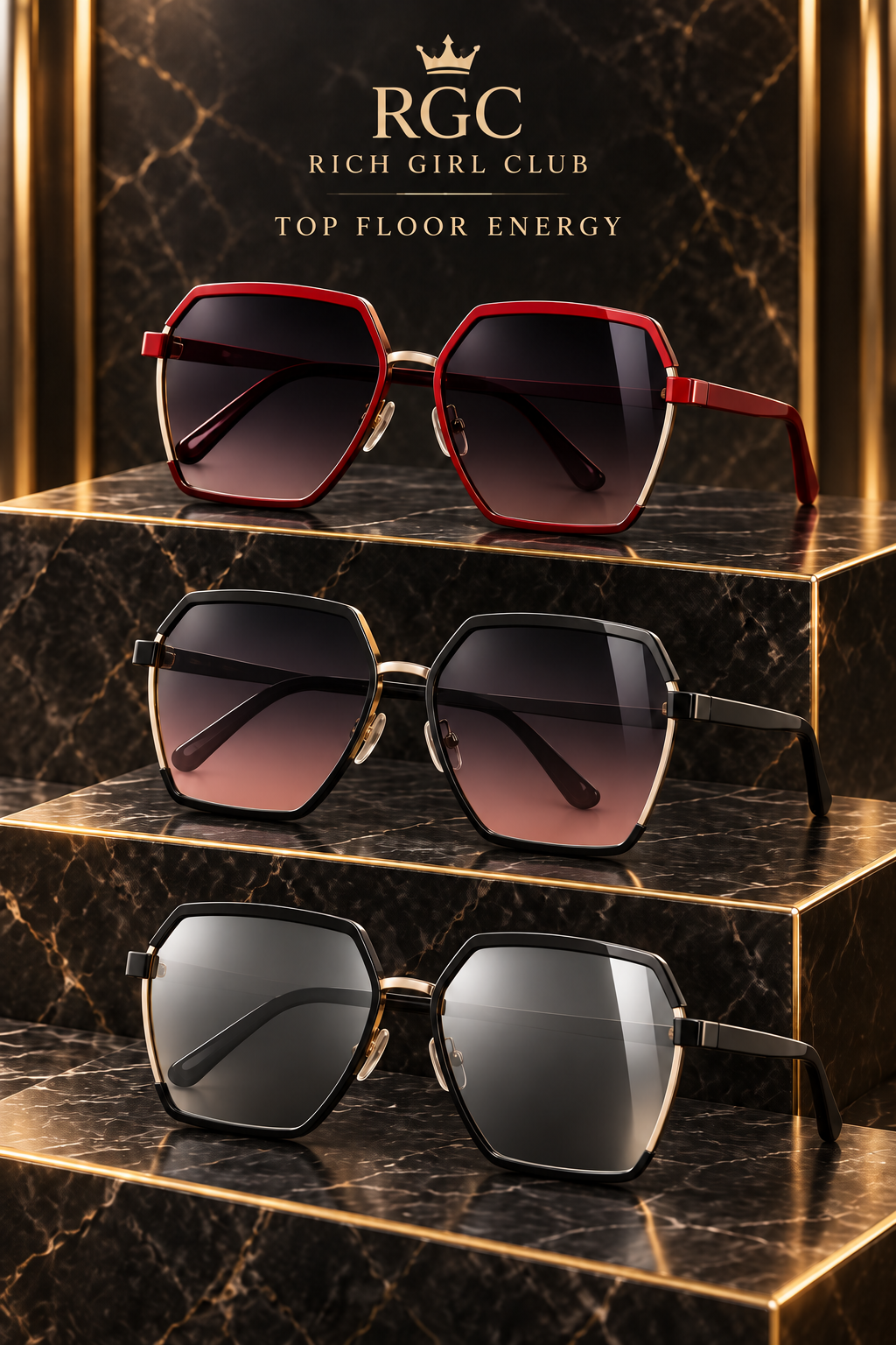 Top Floor Energy oversized metal half-frame sunglasses in red, rose gradient, and mercury colorways