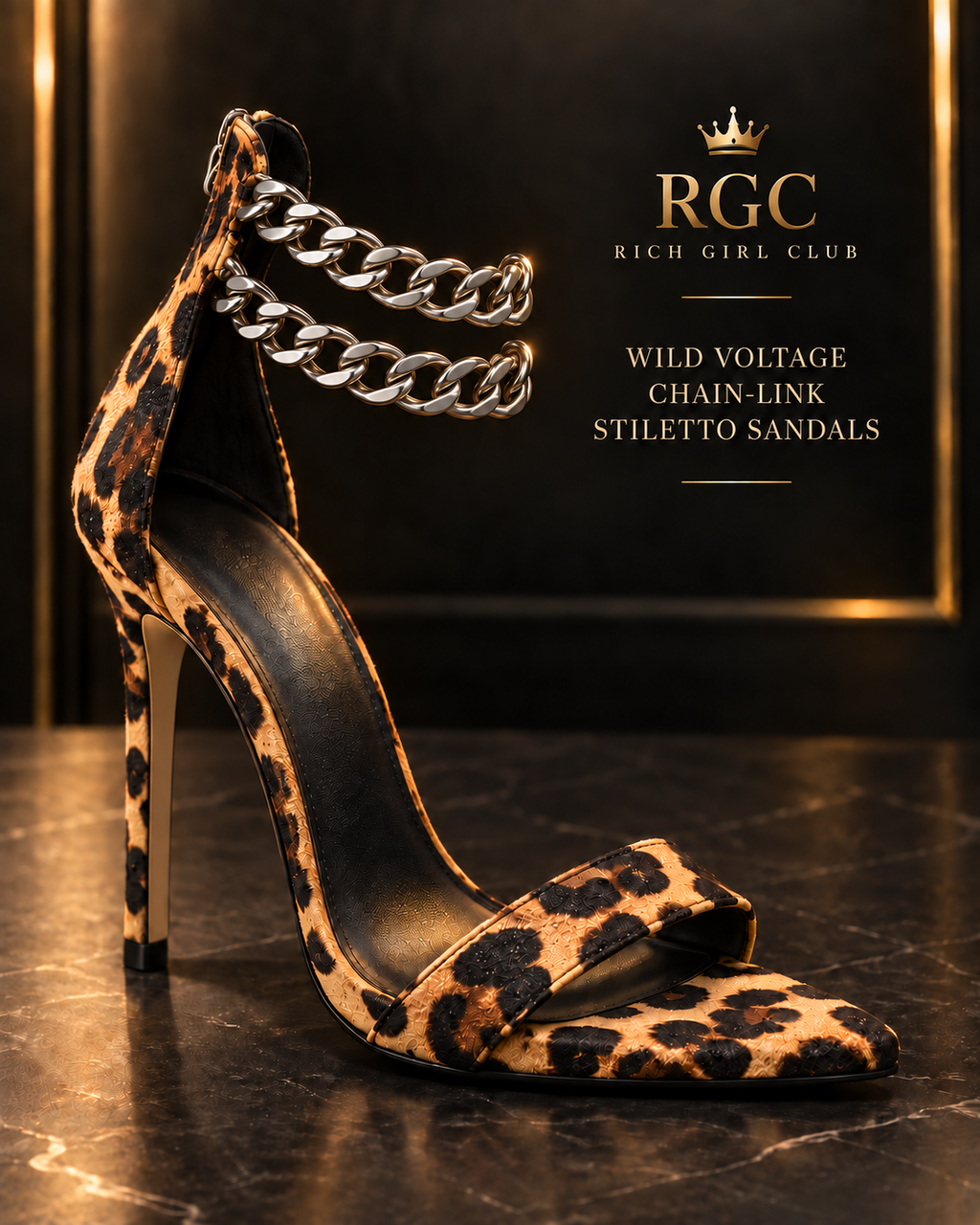 Wild Voltage Chain-Link Stiletto Sandals in leopard print with two silver-tone chain rows