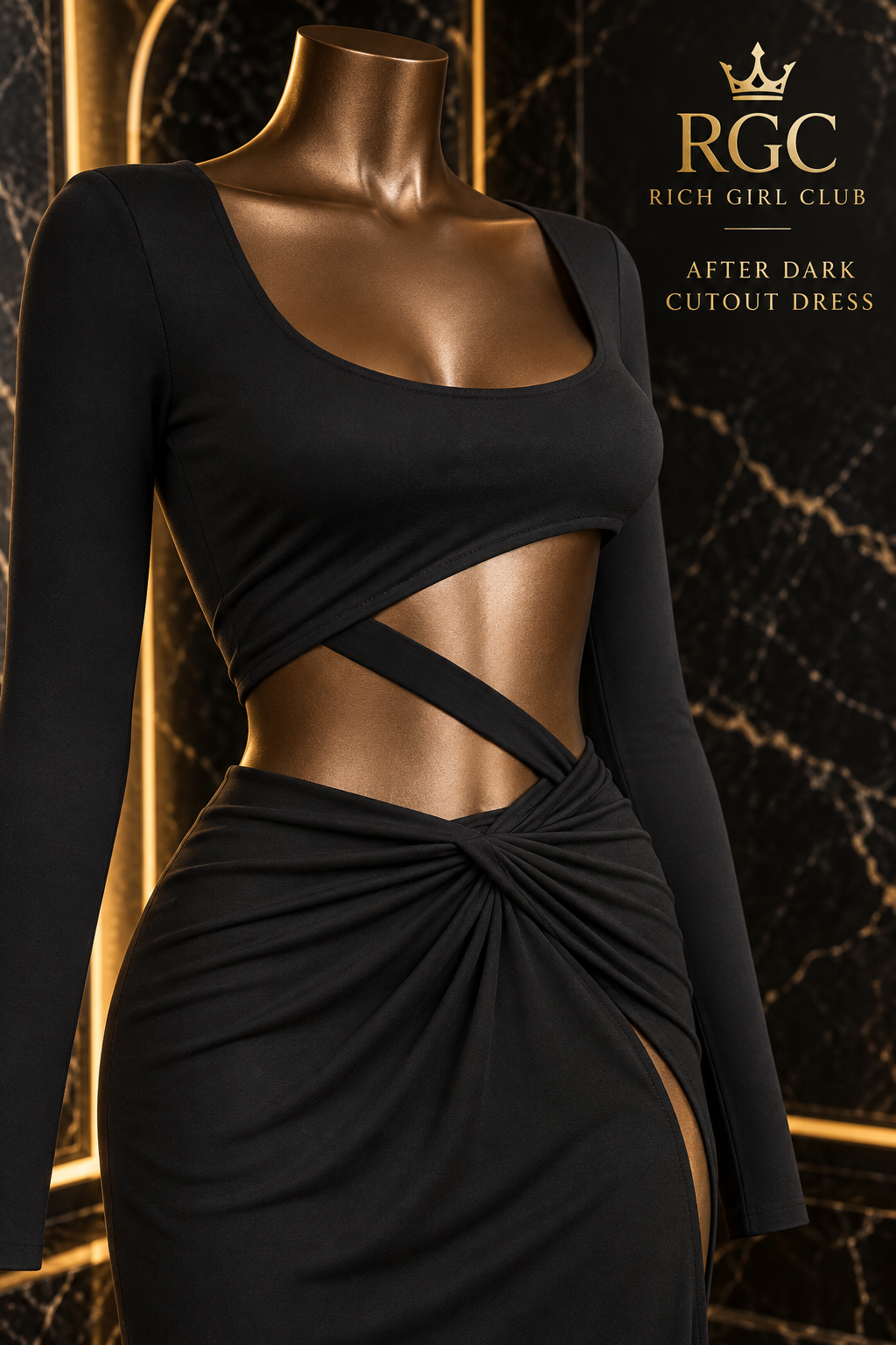 After Dark Cutout Dress in Black, close view of the cutout and gathered waist construction