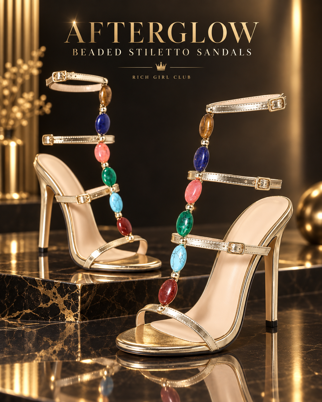 Gold Afterglow beaded open-toe stiletto sandal with three buckled straps