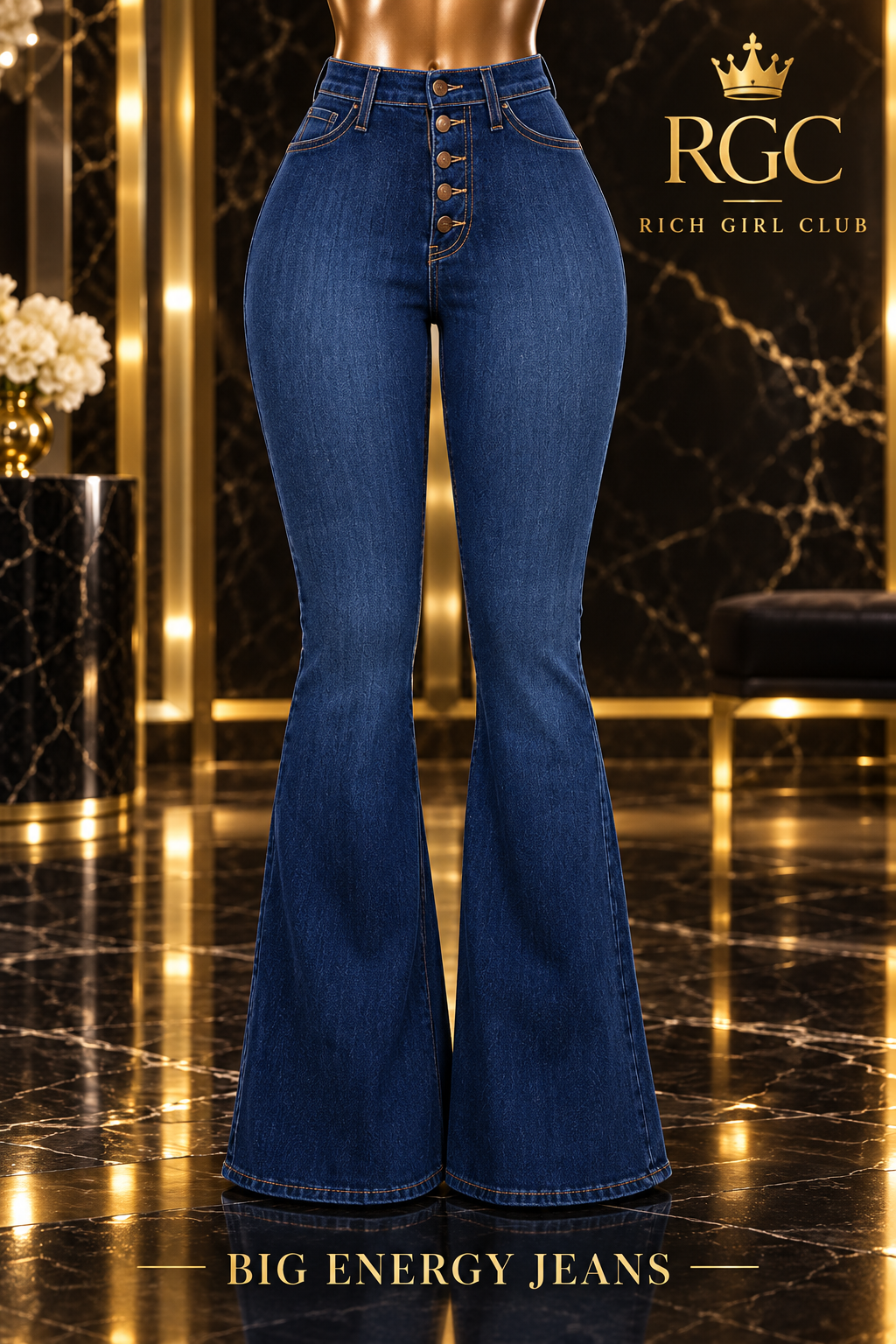 Front view of the Navy Blue Big Energy Jeans with a high waist, five-button fly, and full flare leg.