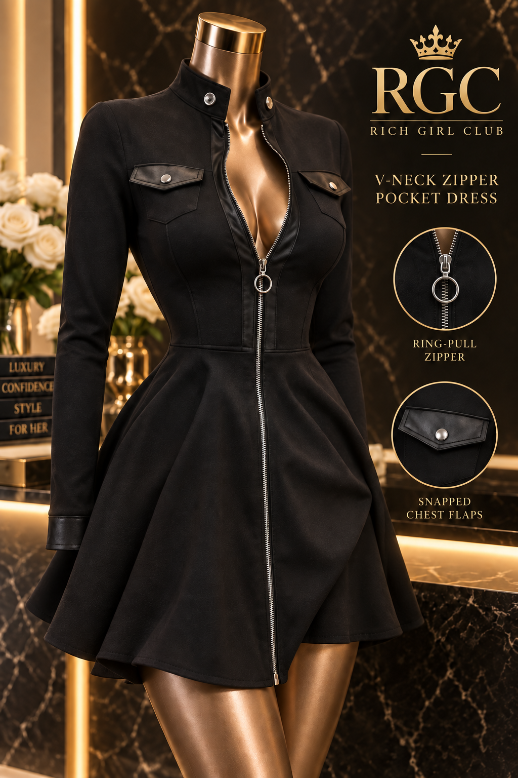V-Neck Zipper Pocket Dress Black construction detail with snap collar, two chest pockets, and ring-pull zipper