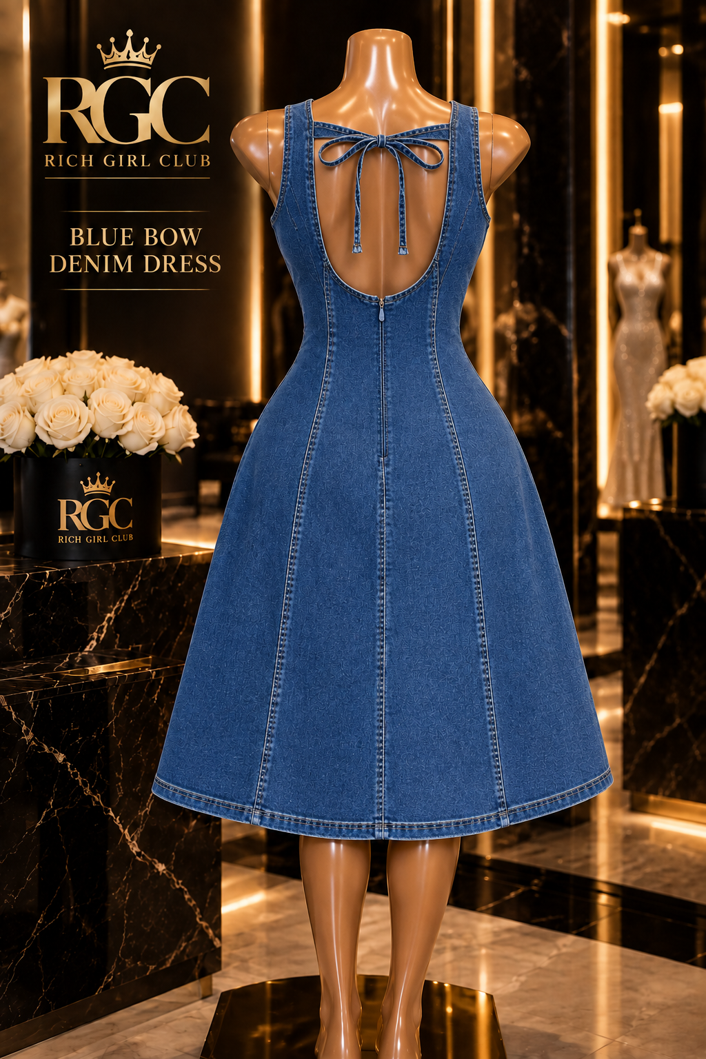 Blue Bow Denim Dress back view with deep U cutout, centered denim bow, and back zipper