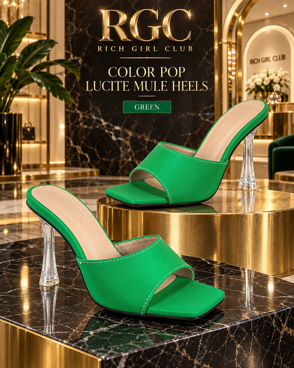 Green Color Pop Lucite Mule Heels with square open toe and clear sculpted heel