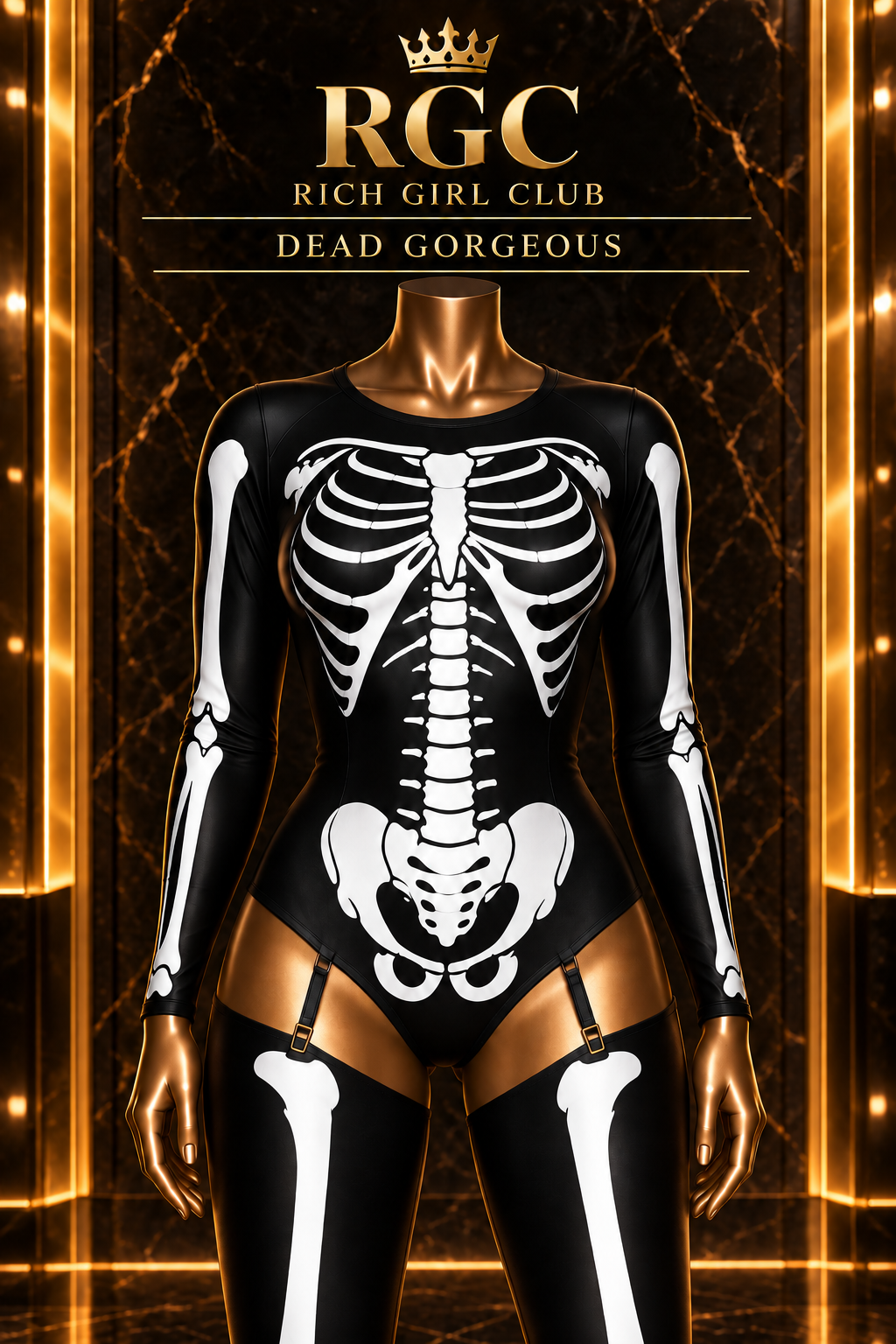 Dead Gorgeous black-and-white skeleton-print costume front detail on a mannequin