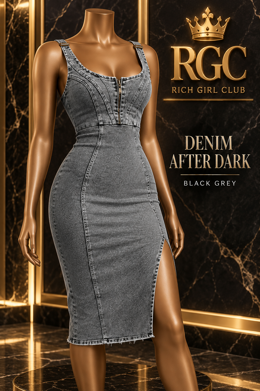 Black Grey fitted denim midi dress with wide straps, contour seams, a front zip, and a front slit, styled on a mannequin in an upscale interior.