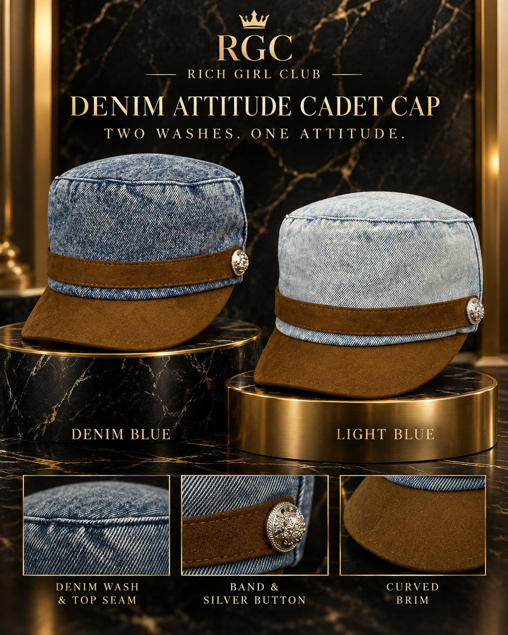 Denim Attitude Cadet Caps in Denim Blue and Light Blue