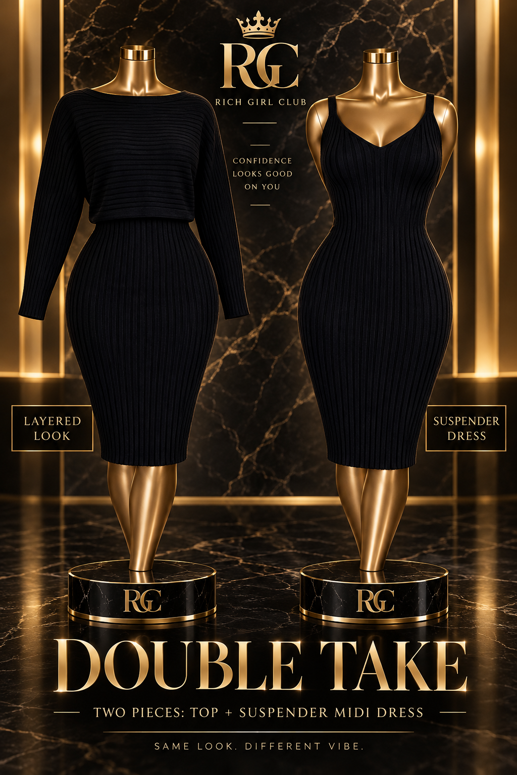 Black Double Take set by Rich Girl Club shown layered and as the suspender dress on two curvy bronze Viper mannequins.