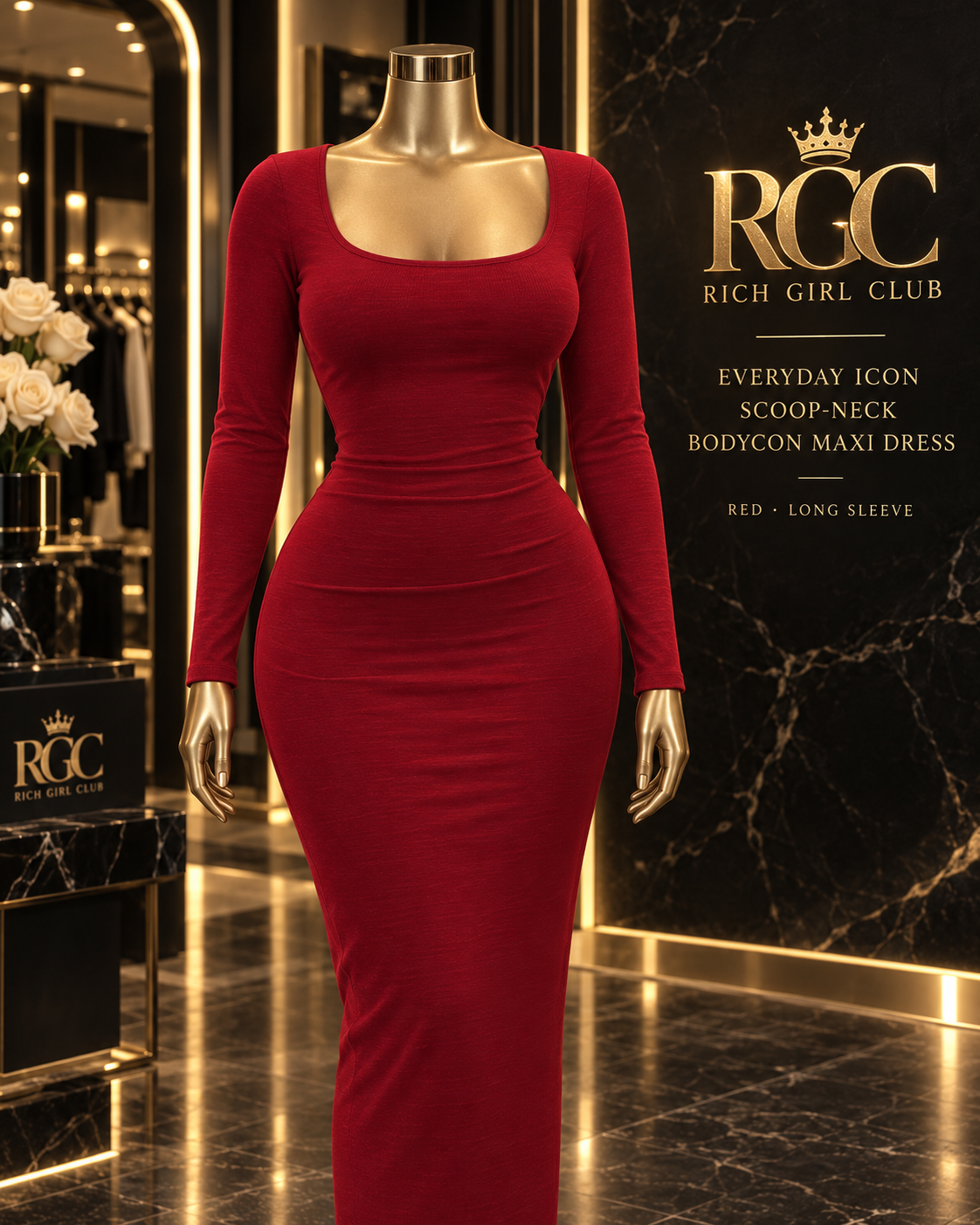 Everyday Icon red long-sleeve scoop-neck bodycon maxi dress on the RGC Viper display